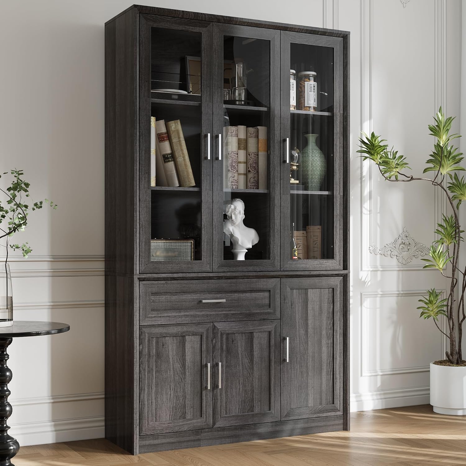 Hitow Bookshelf and Bookcase with 3 Glass Doors, Black Brown Wooden Bookshelf with Drawer and Storage Cabinet, 46.1