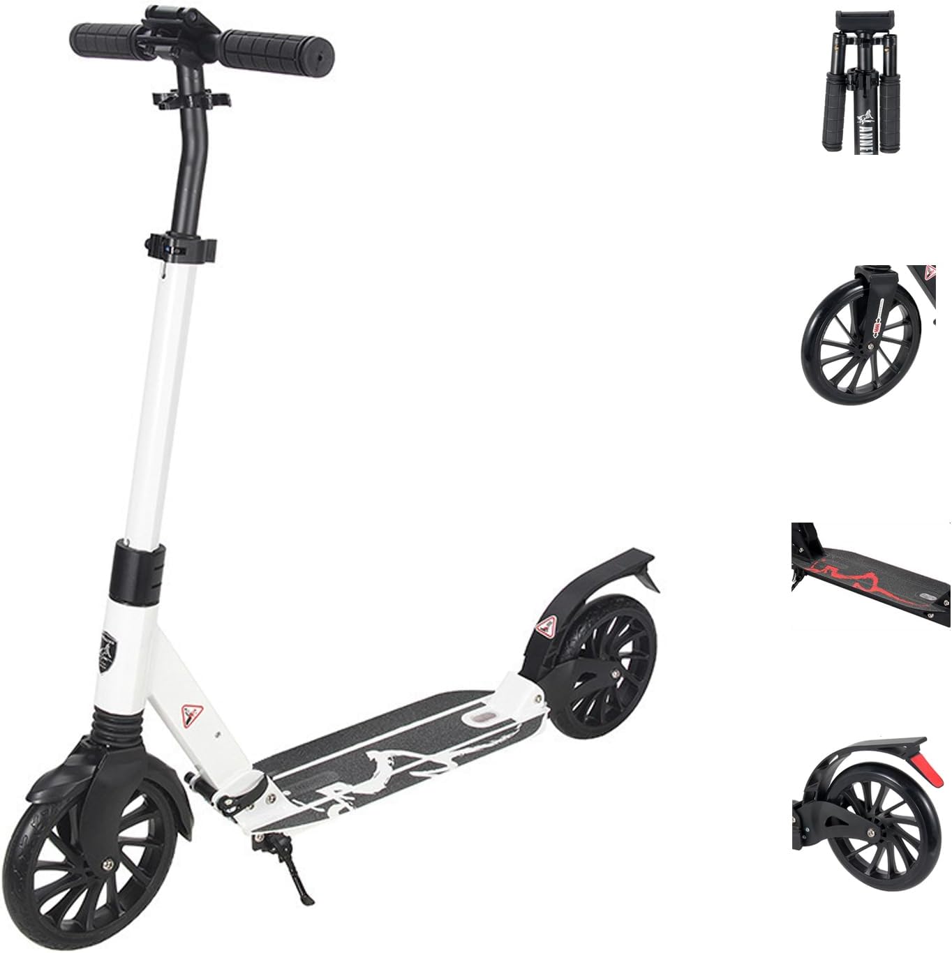 Scooter for Adults and Teens,Scooter for Kids Ages 8-12,with One-Kick Open Mechanism, Rear Brake, Height Adjustable Handlebar, Big Wheels, Shock Absorber,220Lb Weight Capacity,White