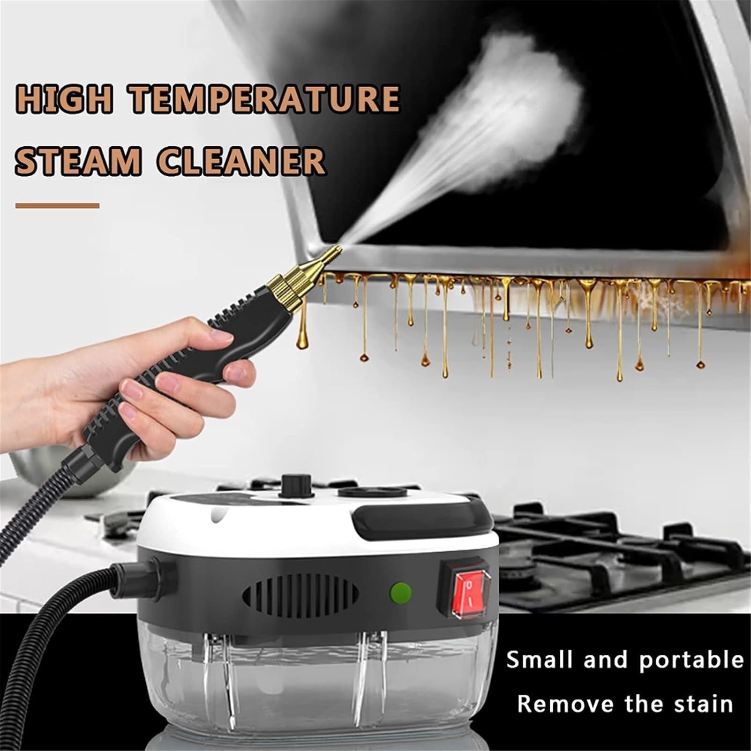 Handheld Pressurized Steam Cleaner with 4 Multi-Surface Tools Including Removal of Dirt, Grim, Grease(Red)