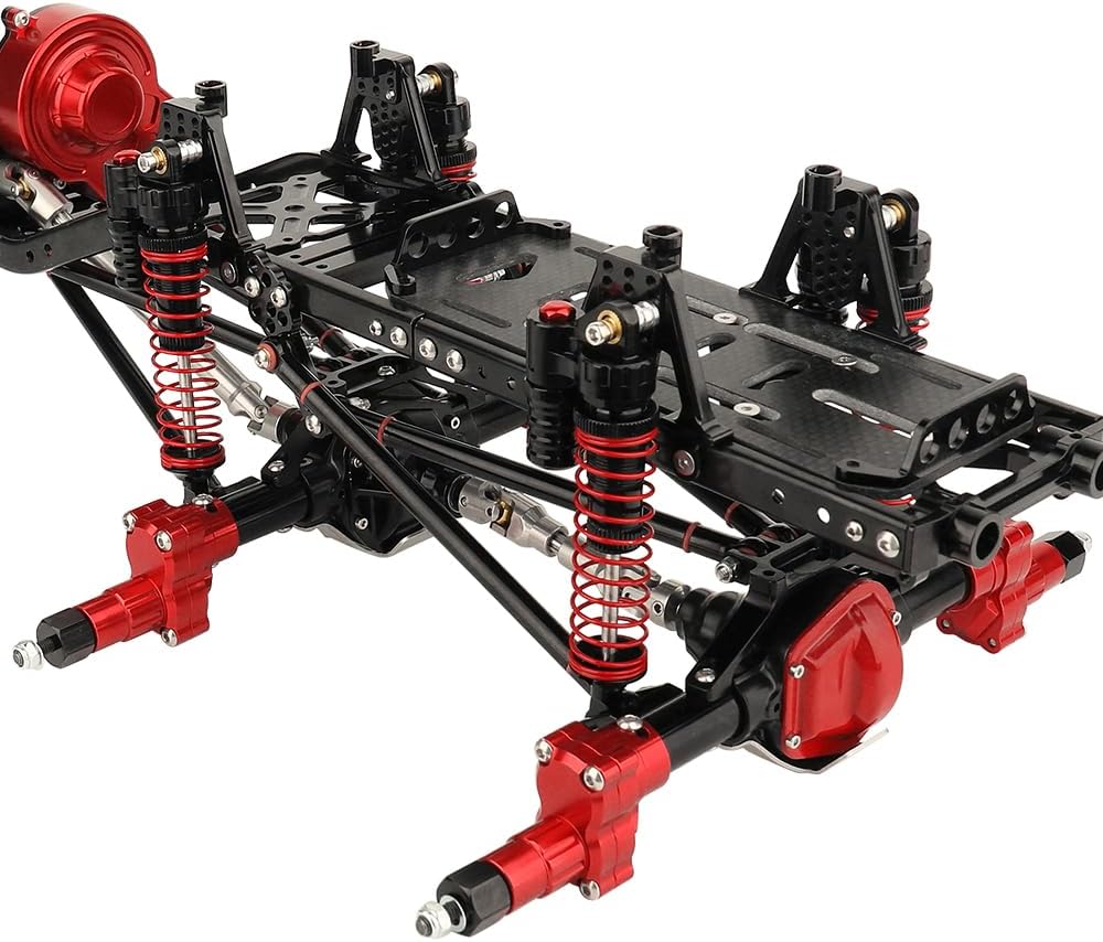 450mm Wheelbase 6x6 Chassis Frame Set with Transmission Front Middle Rear Complete Axle for 1/10 RC Crawler Car Axial SCX10 Metal DIY Upgrade (red -Black-Portal Frame)