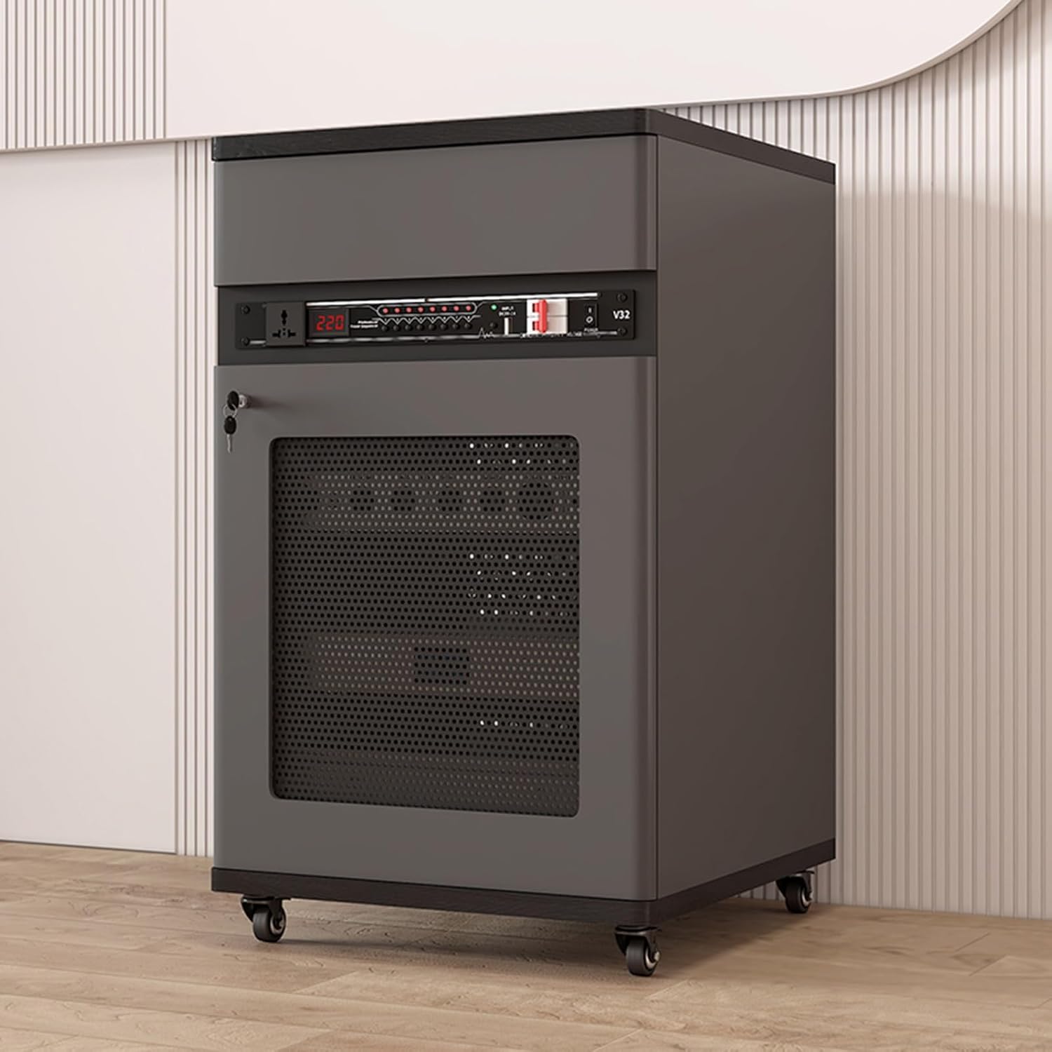 Movable Storage Media Stand with Door Wheels and Drawer WiFi Router Hidden Box with Adjustable Shelves Audio Stereo component cabinet for Home and Office(Gray