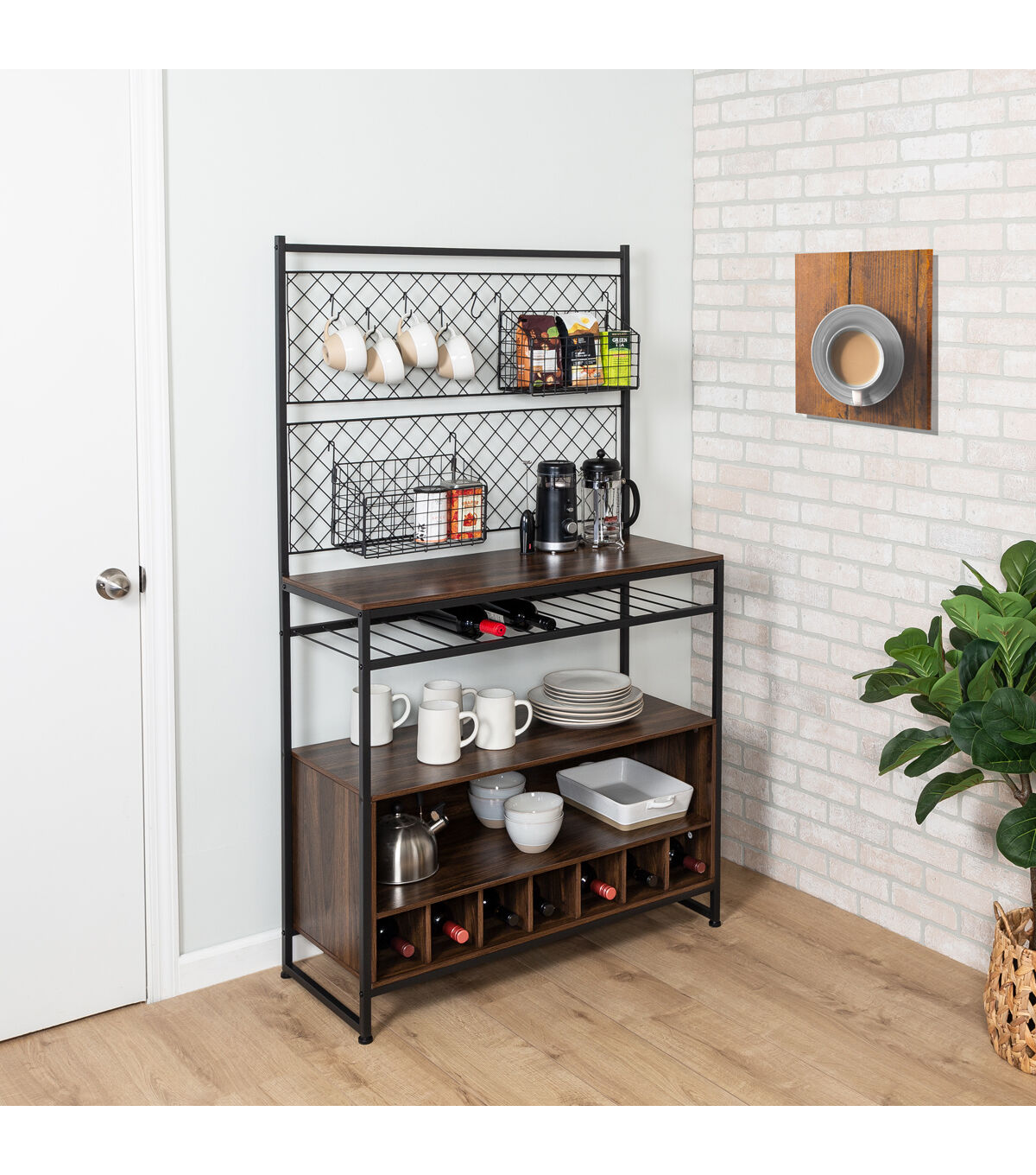 Honey Can Do 65 Black & Walnut Kitchen Bakers Rack With Wine Storage