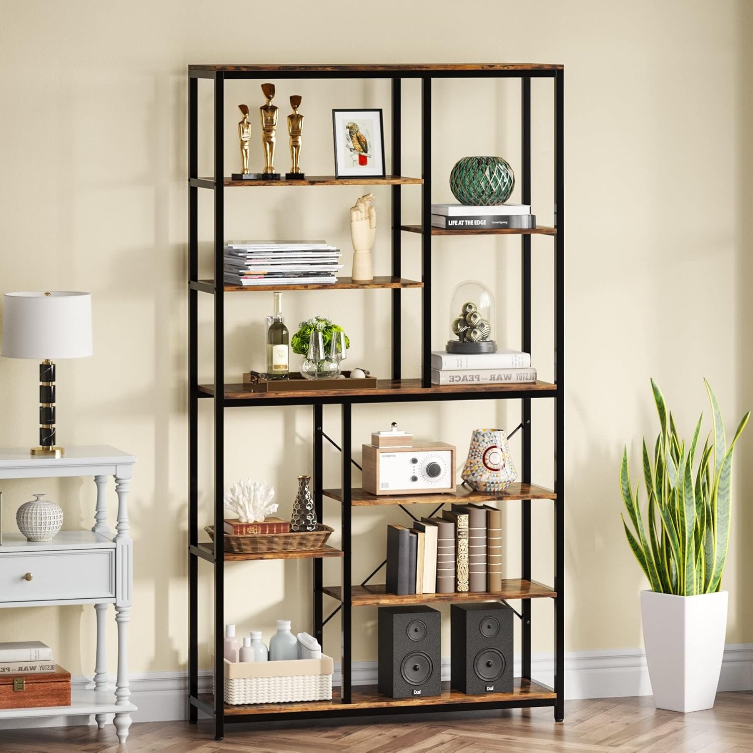 Large 8-Tier Bookcase and Bookshelf 79â€™â€™ Tall Open Shelves Display Shelf for Home Office Rustic Brown Farmhouse Modern Contemporary Metal Wood Antique