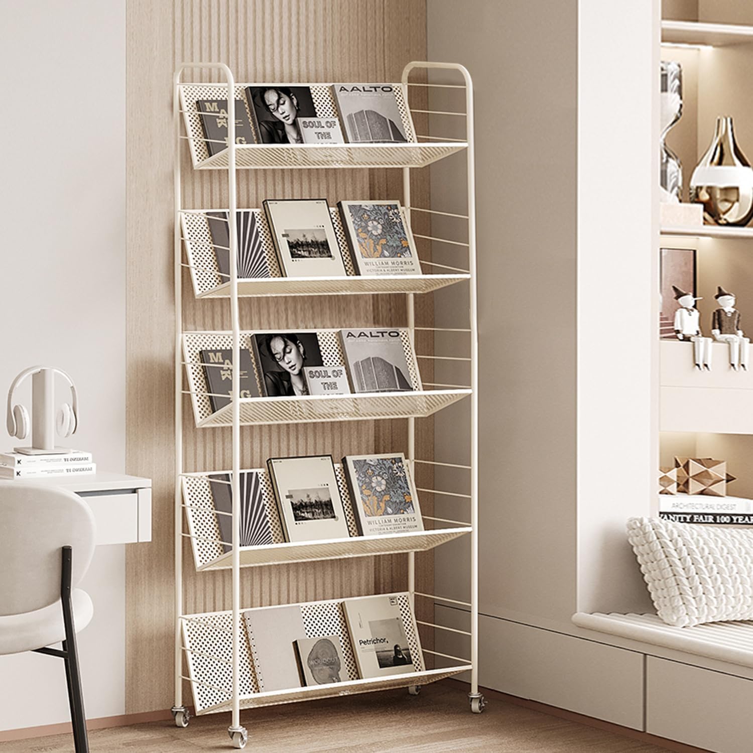 Metal Rolling Book Cart, Single Sided V-Shaped Sloped Shelves Industrial Bookcase with Lockable Wheels, Book Display Storage Shelf Organizer for Living Room Office (White, Beveled Angle(5 tier))