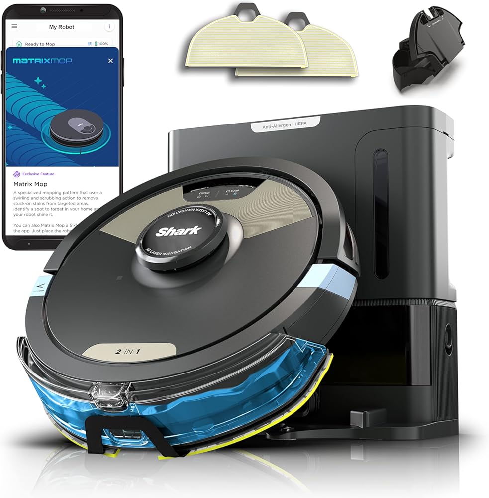 Shark AI Ultra 2-in-1 Robot Vacuum & Mop with Sonic Mopping, Matrix Clean, Home Mapping, HEPA Bagless Self Empty Base and 2 Microfiber Mopping Pads (Renewed), Black/Gold