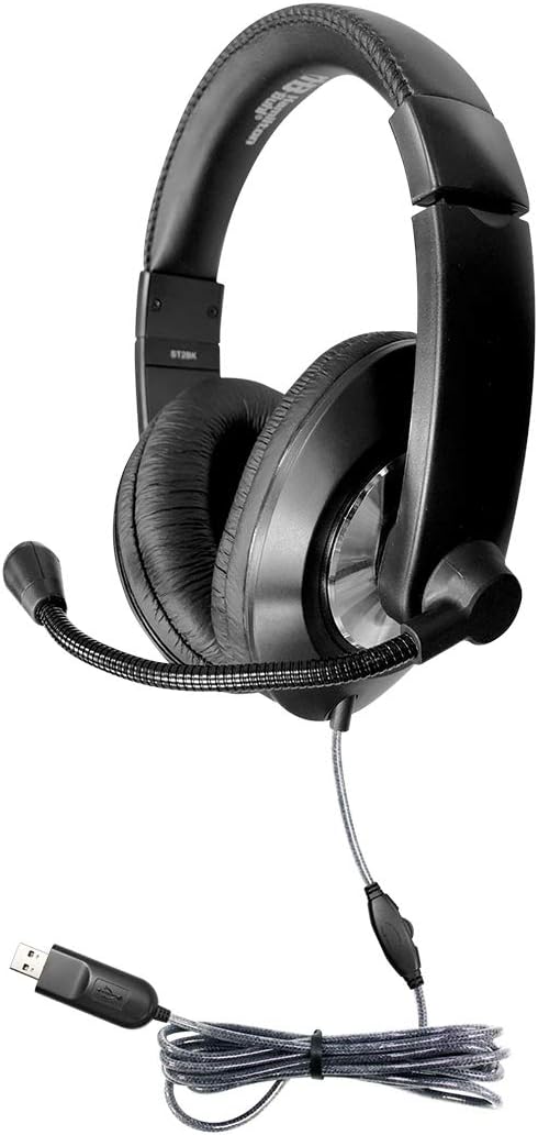 HamiltonBuhl Smart‑Trek Deluxe USB Stereo Headsets 50‑Pack, Noise‑Canceling Steel‑Reinforced Gooseneck Mic, In‑Line Volume Control, Leatherette Cushions – Black