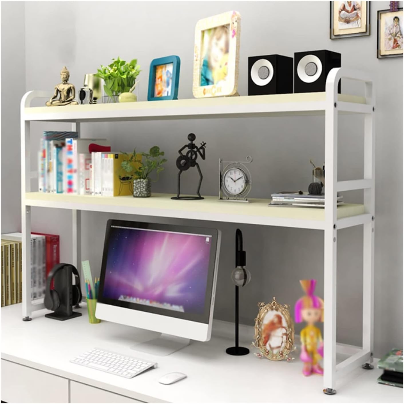 EVSER Bookshelf for Bedroom 2-Tier Multipurpose Wood Bookshelf, Countertop Storage Display Rack Organizer, Vintage Metal and Wooden Display Shelf Organizer for Office Home, White Bookcase/Bookshelves