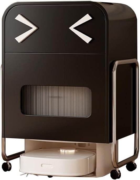 HJLKDYM Standing Open Floor Shelves for Sweeping Robot, Robot Vacuum Hidden Cabinet, Sweeper Organizer with Lockable Wheels for Living Room, Bedroom(Black)