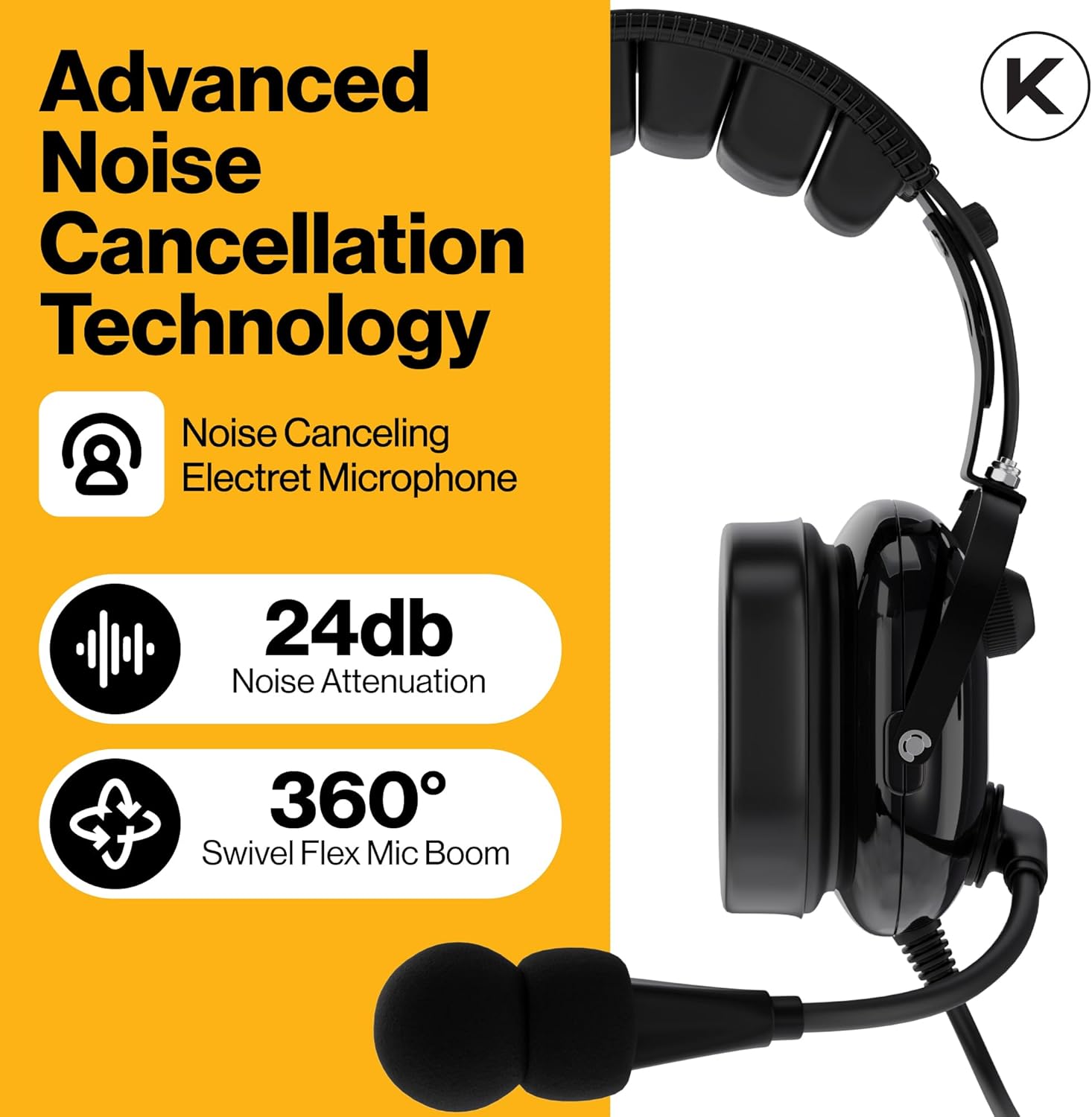 KA-1 General Aviation Headset for Pilots - Mono and Stereo Compatibility, Passive Noise Reduction, Noise Canceling Microphone, Gel Ear Seals, Adjustable Headband & Headset Bag