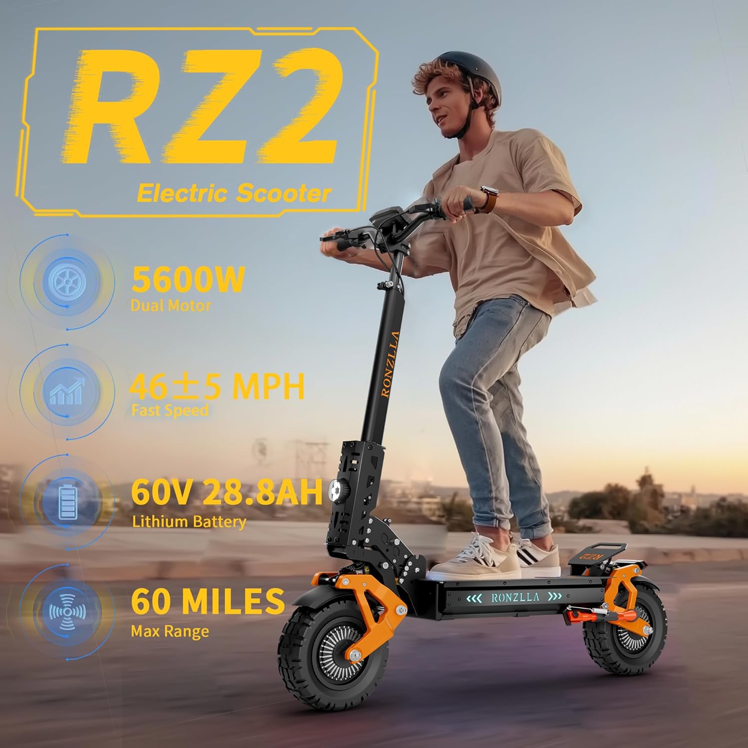 Fast Electric Scooter RZ2, 50 MPH High Speed Off Road E Scooter with 5600w Dual Motor 60 Mile Long Range & Seat for Adults