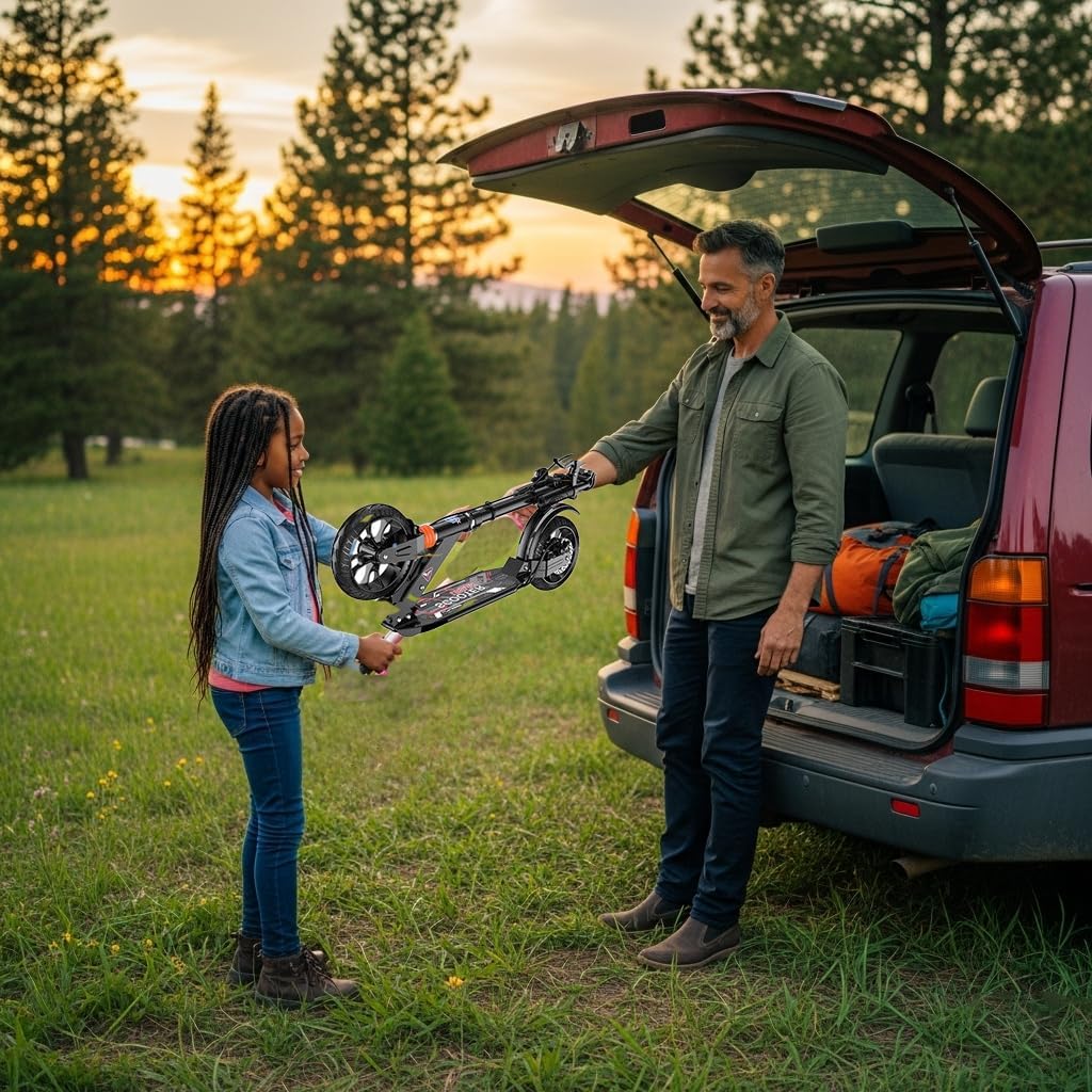 Folding Kick Scooter for Adults & Kids – 2-Wheel Adjustable Height Scooter with Hand & Foot Brake, Dual Suspension, Anti-Slip 5cm Tires, Quiet Ride, 600 Pound Capacity, for Ages 6+