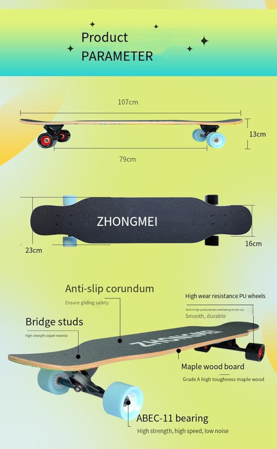 42-inch Twin-tip Skateboard for Street Cruising Adult Skateboard Gift for Beginners and Professionals Versatile Suitable for Male and Female Skaters