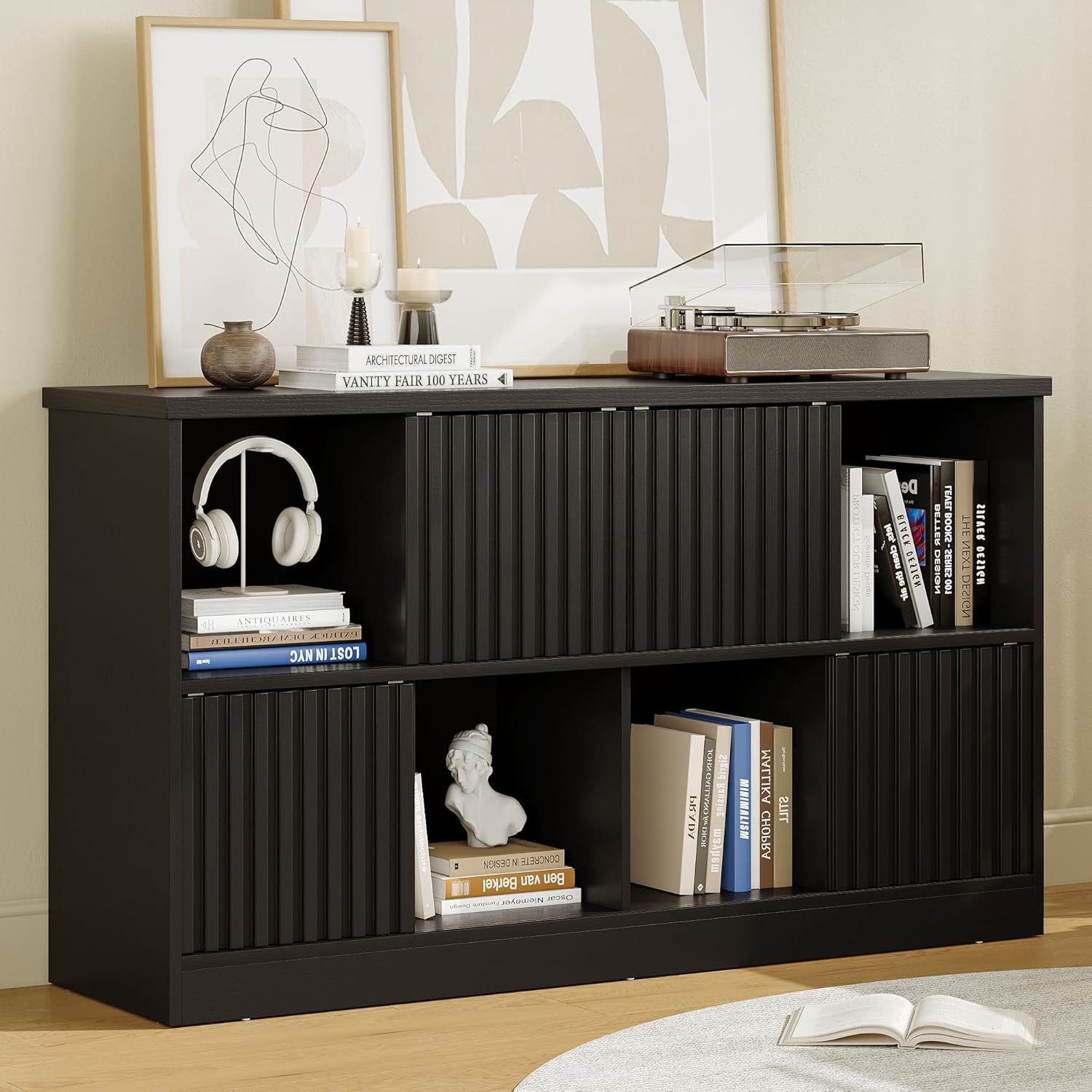 iPormis Bookcase 8 Cube Storage Organizer - 4 Fluted Sliding Doors, 2-Tier Wooden Bookshelf, 47.2