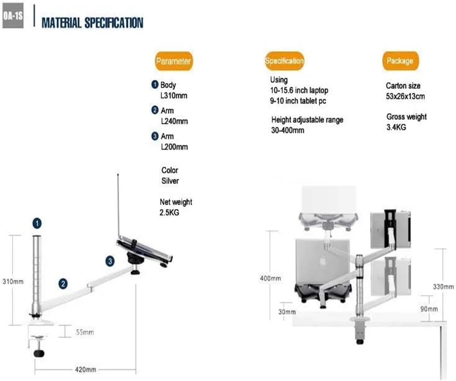 360 Rotating Aluminum Alloy 2-in-1 Stand + Laptop Stand Double Arm Office Desktop Laptop Stand OA-1S