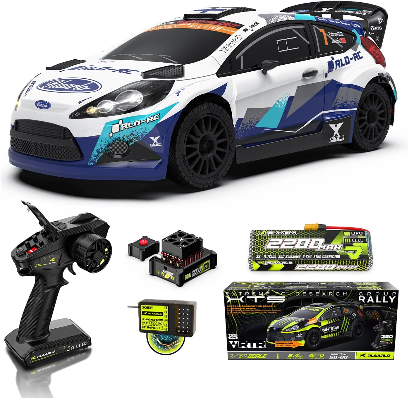 CROBOLL RLAARLO 1/10 Brushless Carbon Fiber RC Drift Cars for Adults with Gyro, Max 50 mph Fast RC Rally Car, 2.4Ghz All Terrain Remote Control Car 4x4 Hobby RTR RC Truck（Blue & White）