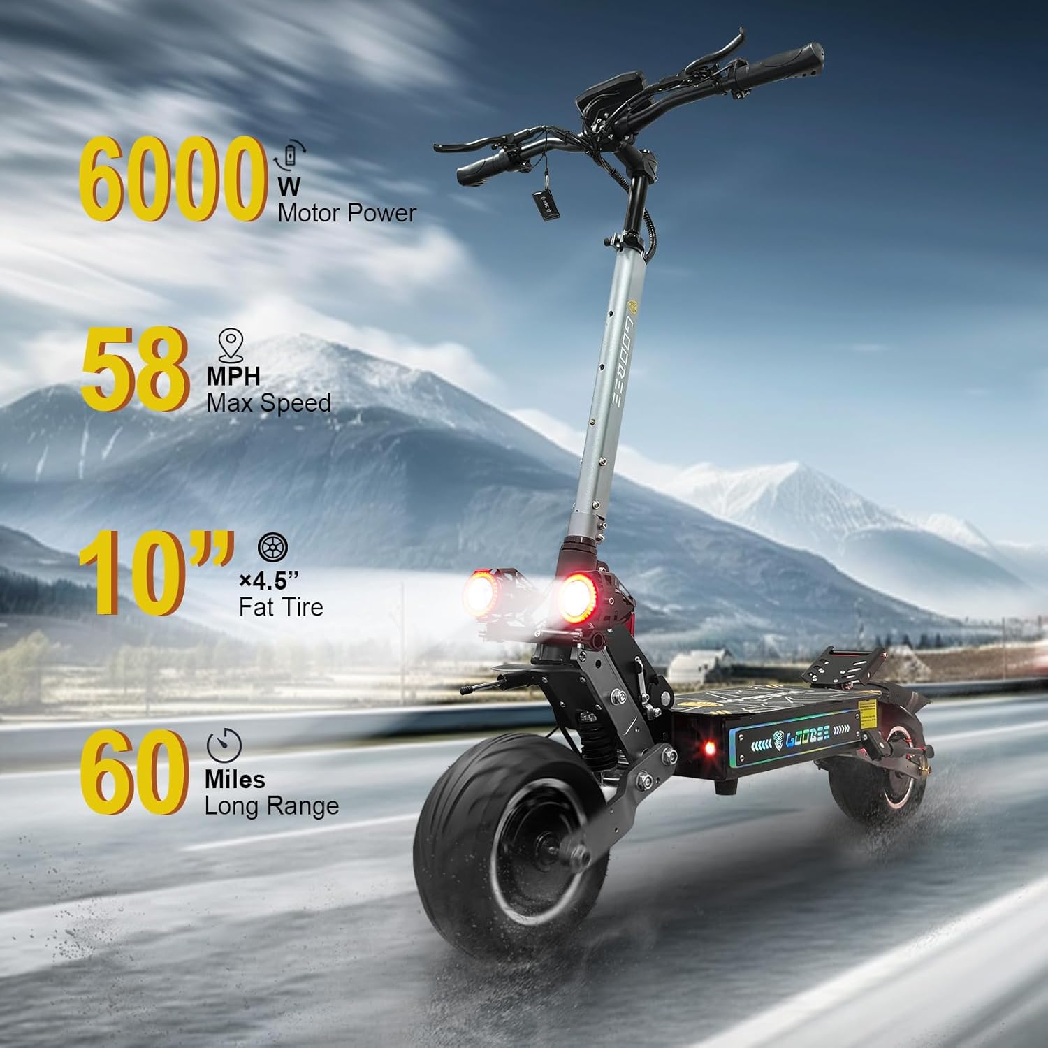 6000w Electric Scooter Dual Motor Up to 58 MPH, 60V35Ah Battery 60 Miles Long Range, Dual Suspension and Hydraulic Disc Brakes, Fat Tires Fast Electric Scooter with seat & Damper