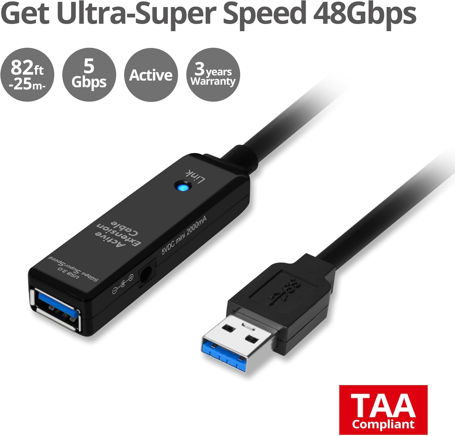 SIIG USB 3.0 Active Repeater Cable 25-Meters - Active Extension Cable (JU-CB0D11-S1)