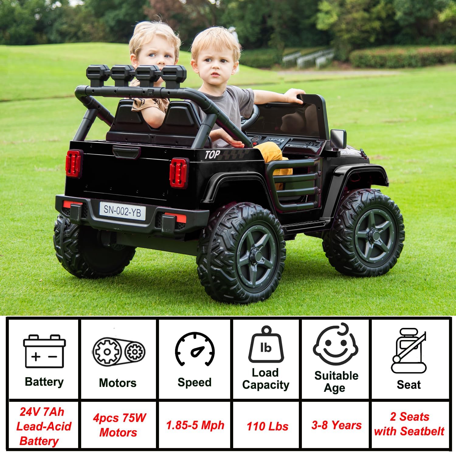 sopbost 24V Kids Ride On Truck 4WD, 2 Seater Ride On Car with Remote Control, 4x4 Battery Powered Electric Vehicles for Boys Girls 3-8 to Drive, Bluetooth Music (Black)