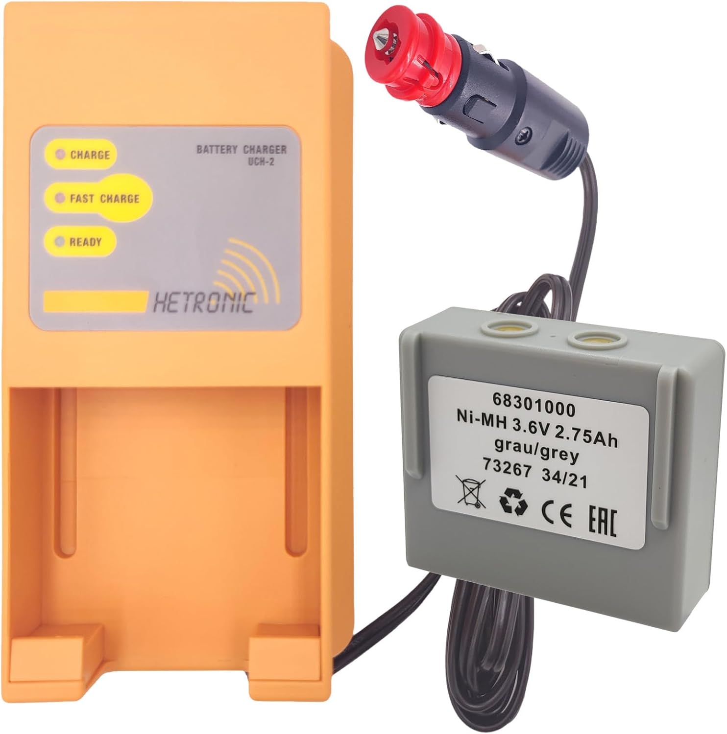 (1 Pack) Hetronic UCH-2 Input 10-30V DC Out 300/780mA Battery Charger with (1 Pack) 3.6V Hetronic 68301000 Battery for Hetronic 68301000 68300900 68300600 68300940 KH68300990 3.6v Batteries