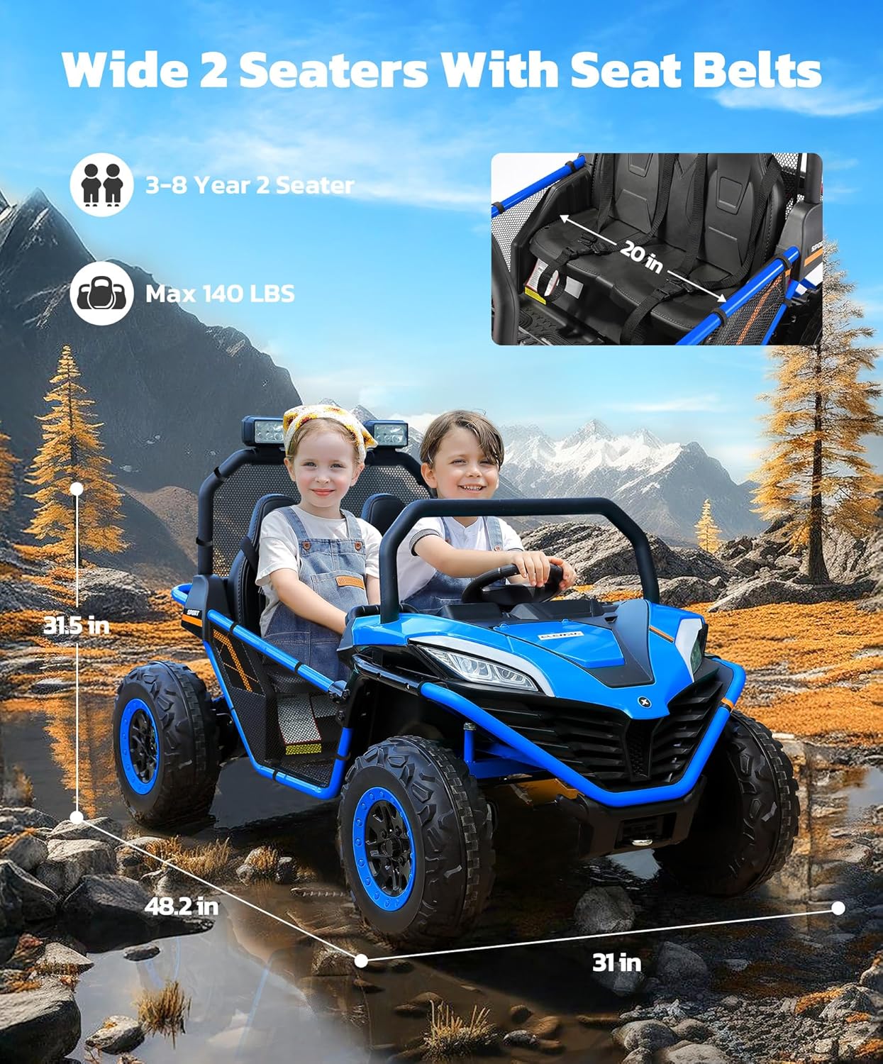 ELEMARA 2 Seater XL Ride on Car for Big Kids,12V 10AH 4WD Ride on Toy，Electric Vehicle Up to 4.5 MPH w/Remote Control, Bluetooth Music, LED Lights，3 Speeds for Boys Girls Gift，Blue