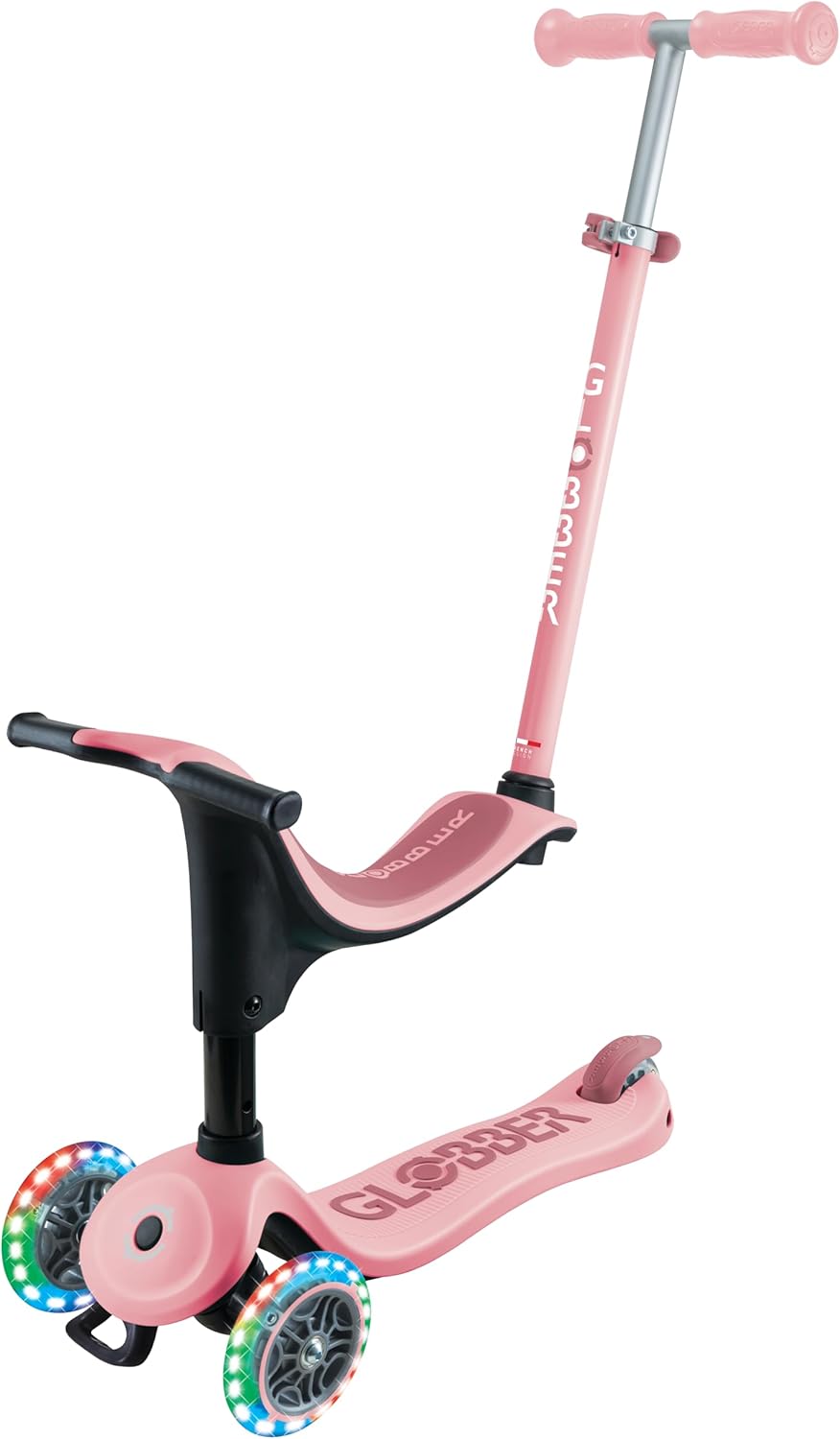 Globber GO•UP Sporty Lights – Scalable Scooter with 3 Wheels with Seat – Children from 15 Months – Pastel Pink