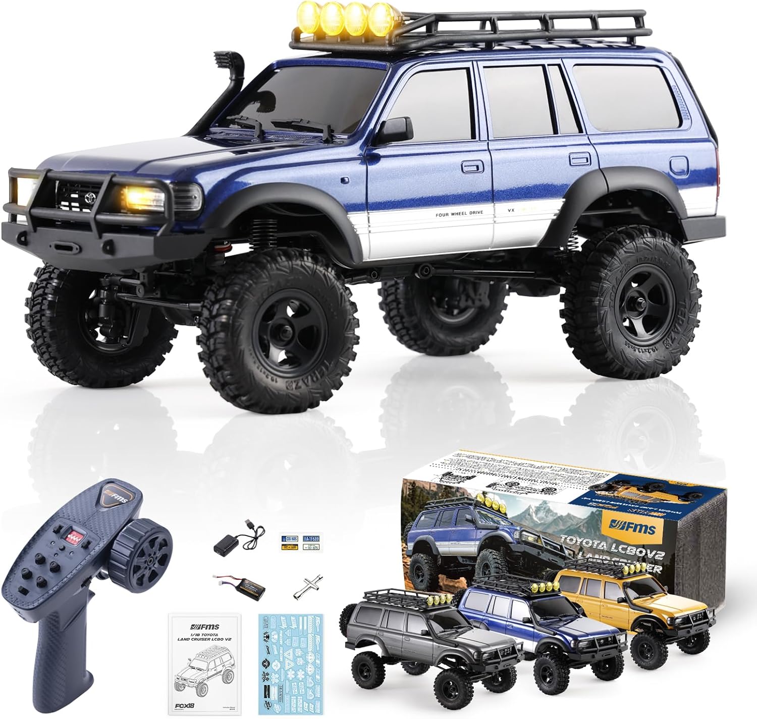 BEEZRC FMS RC Crawler 1/18 FCX18 Land Cruiser LC80 RTR Toyota Licensed 4WD RC Rock Truck 2.4Ghz 900mAh Hobby Grade RC Car Model Mini Remote Control Car Off Road Vehicle FMS11831RTRBU(Blue)