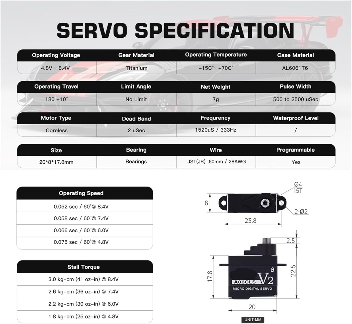 A06CLS V2 Black Aluminum Housing 6g Gear 3KG Digital Coreless Servo(A06CLS 20T JR Set1)