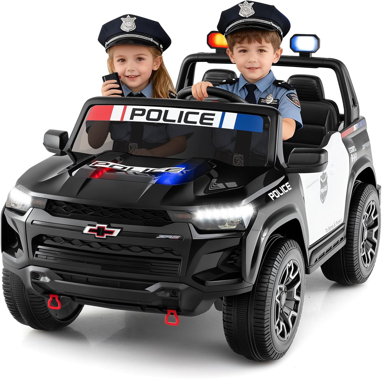 HONEY JOY 2-Seater Ride on Police Car, 24V 4WD Licensed Chevrolet Electric Vehicle for Kids w/Megaphone, Siren, LED Flashing Lights, Storage Trunk, Ride On Toy w/Remote Control for Boys Girls, Black