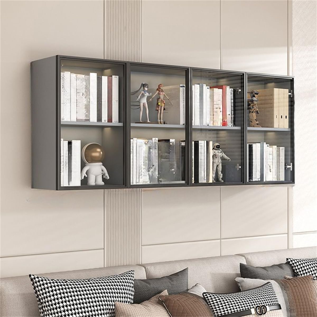 KWOKING Wall Hanging Lateral Filing/Vertical Timber Wall Unit Transparent Glass Door Shelf Wall-Mounted Wood Bookcase Action Figure Model Storage Cabinet Display Case Grey 63