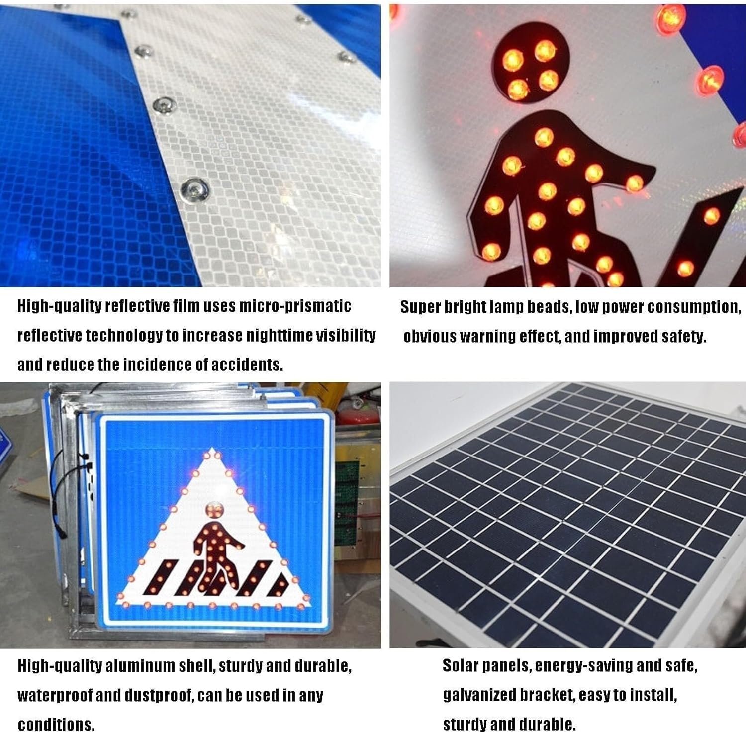 Solar LED Flashing Crosswalk Lights and Accessories, Traffic Safety Crosswalk Signs - Aluminum, Reflective