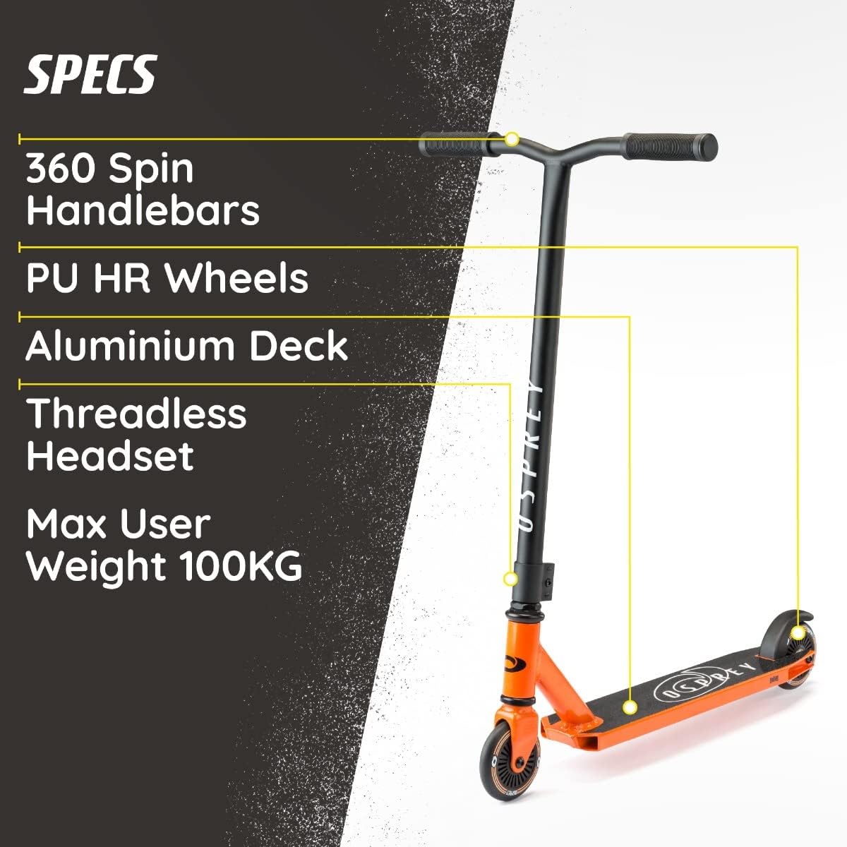 Osprey Stunt Scooter | for Boys Girls Kids and Adults, Kick T-Bar Street Pro 360 Spin Scooter with ABEC 5 Bearings and Ergonomic Handlebars, Multiple Colours