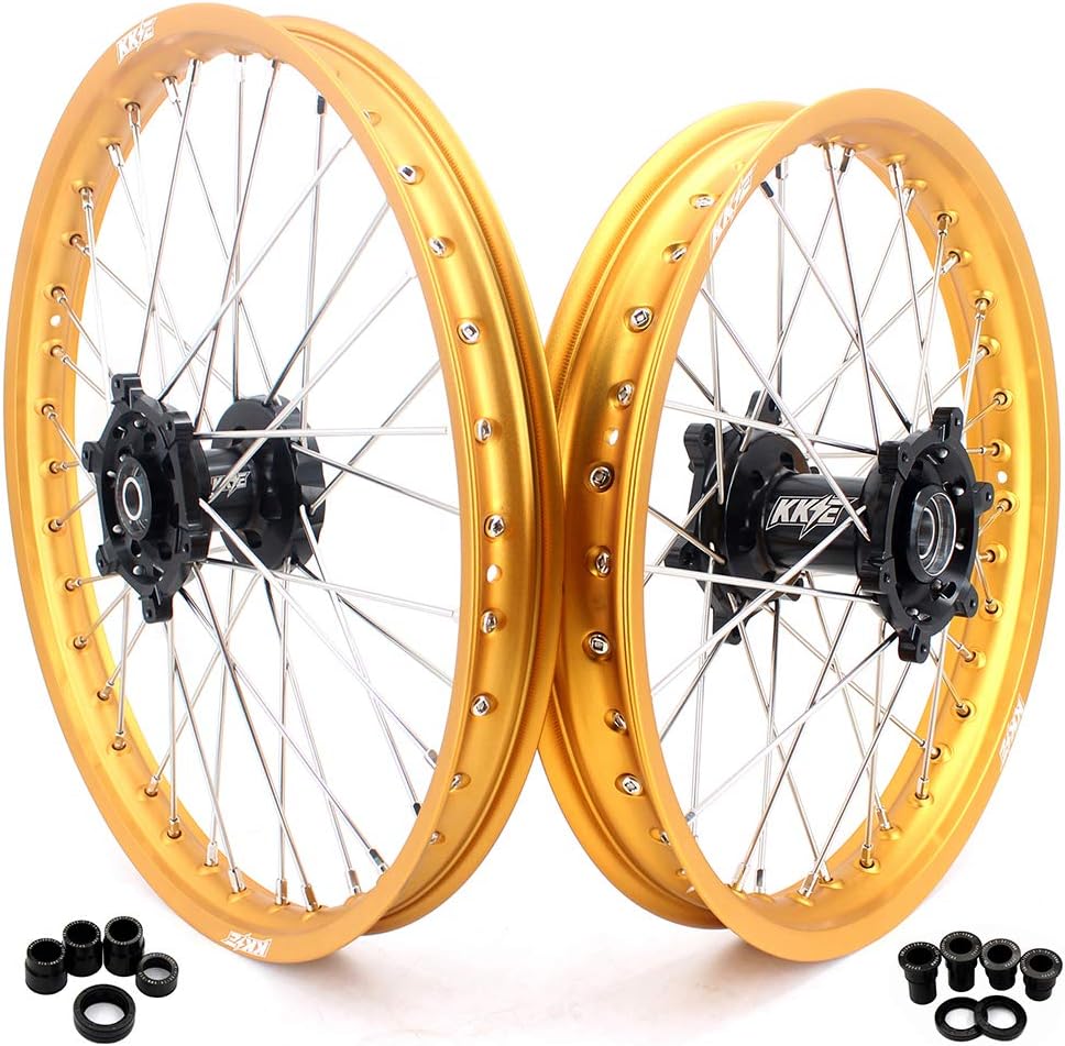 KKE 21/19 Mx Dirtbike Off road Wheels Rim Set Compatible with SUZUKI RM125 1996-2008 RM250 1996-2008 Gold Rim Black Hub