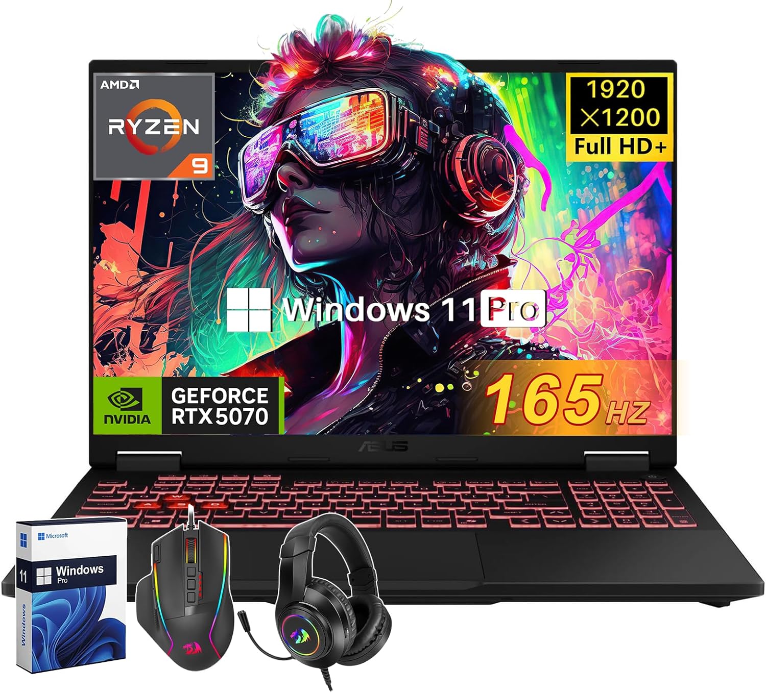 ASUS TUF A16 Gaming Laptop, AMD Ryzen 9 270(up to 5.2 GHz), NVIDIA GeForce RTX 5070, 16 inch FHD+ 165 Hz 300Nits Display, 32GB DDR5, 1TB SSD, Backlit Keyboard, Windows 11 Pro, WiFi 6E, w/Accessories