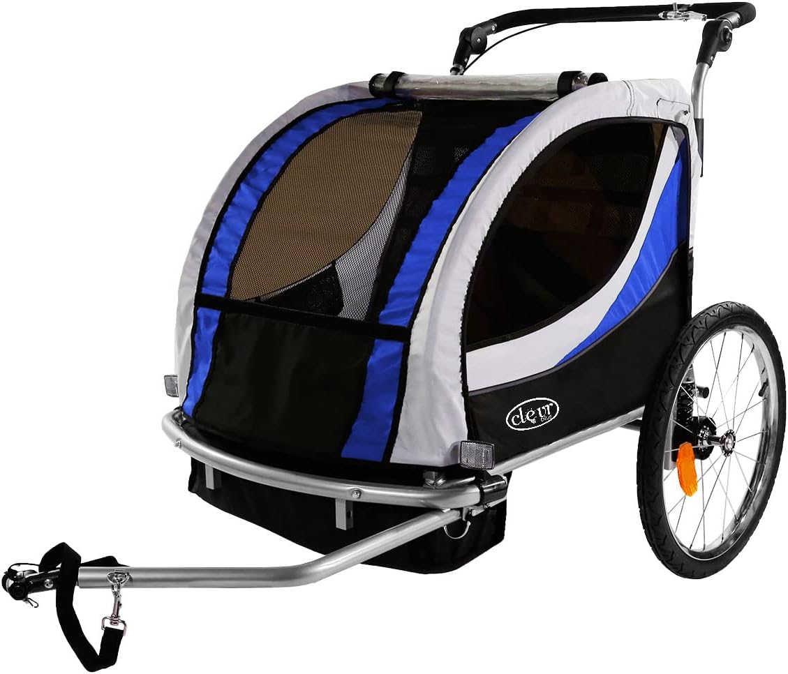 ClevrPlus Deluxe 3-in-1 Double 2 Seat Bicycle Bike Trailer Jogger Stroller for Kids Children | Foldable Collapsible w/Pivot Front Wheel