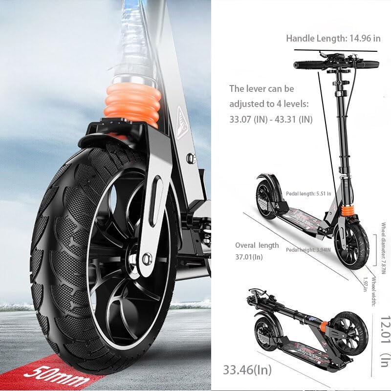 Folding Kick Scooter for Adults & Kids – 2-Wheel Adjustable Height Scooter with Hand & Foot Brake, Dual Suspension, Anti-Slip 5cm Tires, Quiet Ride, 600 Pound Capacity, for Ages 6+