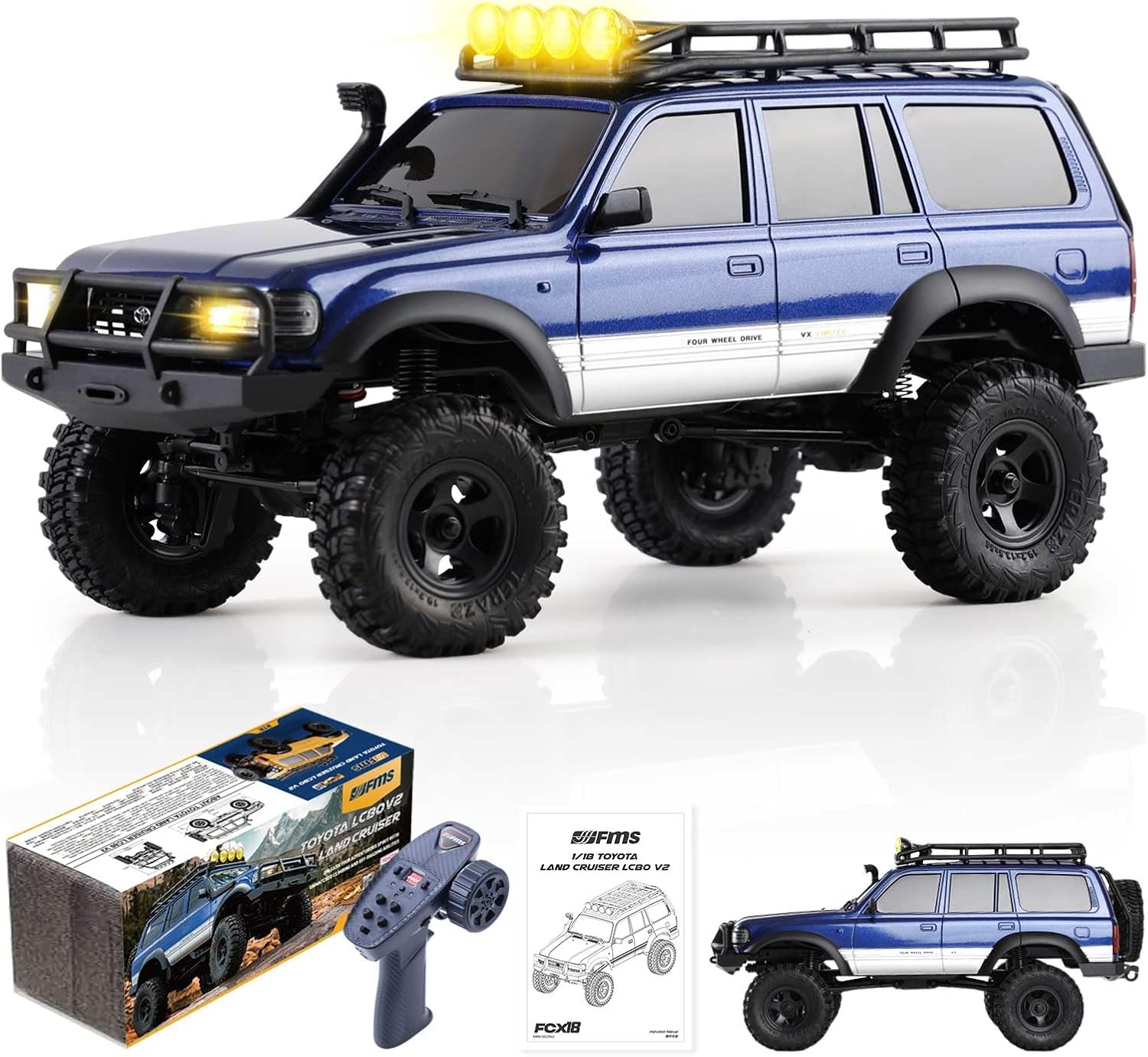 EAZYRC FMS Fcx18 1/18 Land Cruiser 80 Toyota RC Rock Crawler RTR 4x4 Off-Road Waterproof Hobby Grade RC Trucks All Terrains for Adults and Beginner(Blue)