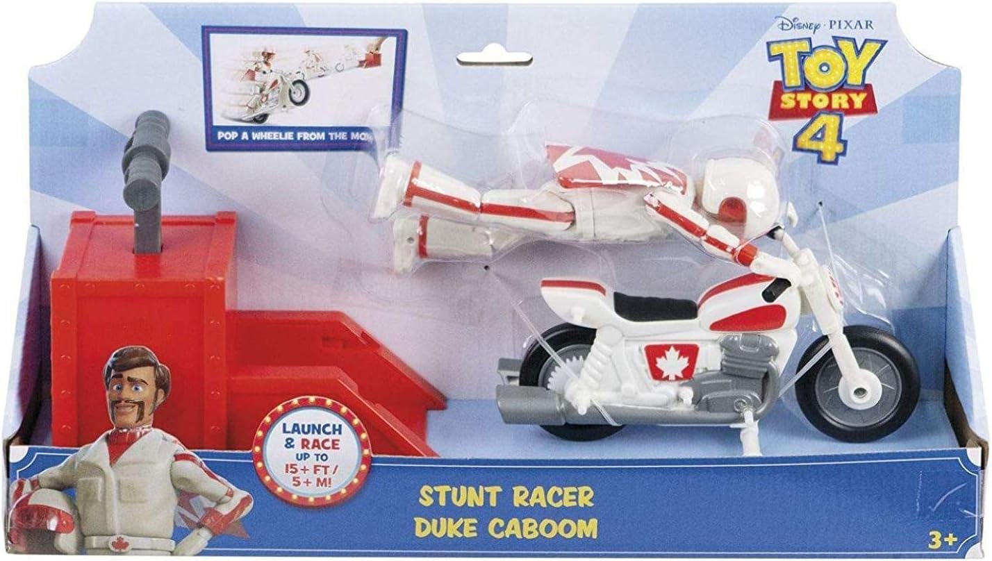 Disney Pixar Toy Story 4 Stunt Racer Duke Caboom Figure, 5.9 in, in Racing Outfit with Motorcycle and Launcher, Race Up to 15 ft and Perform Stunts, Gift for 3 Years and Older