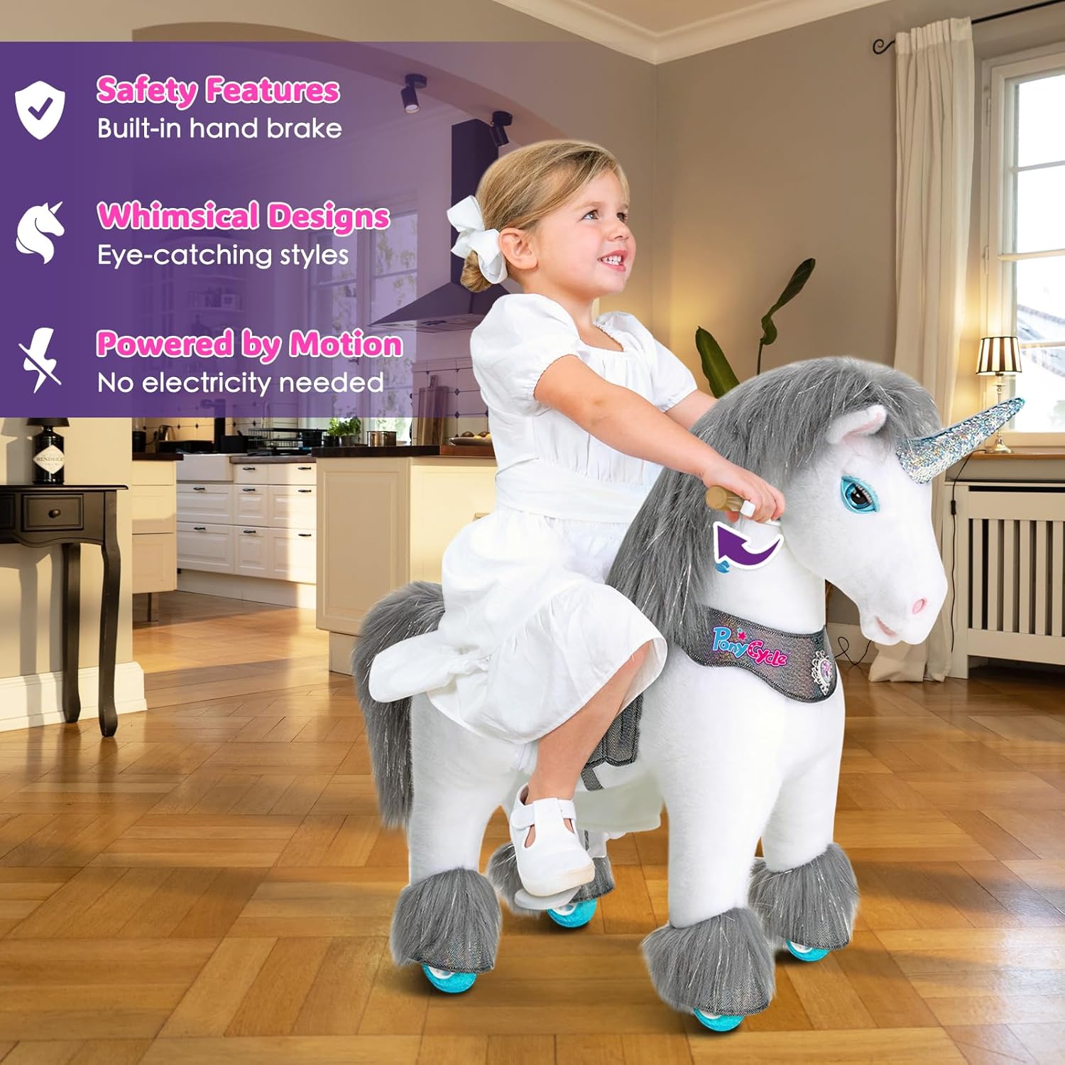 PonyCycle Ride on Horse Grey Unicorn Pony Advanced Model Y Riding Unicorn Ponies Toy (35.4