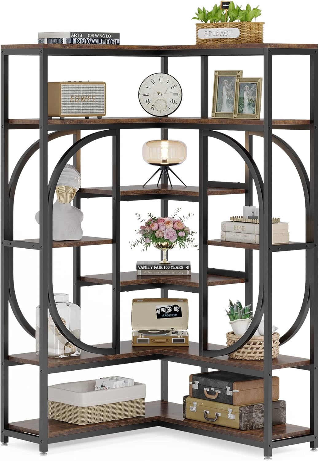 LITTLE TREE Large Corner Bookshelf Industrial Bookcase for Living Room Home Office,Brown