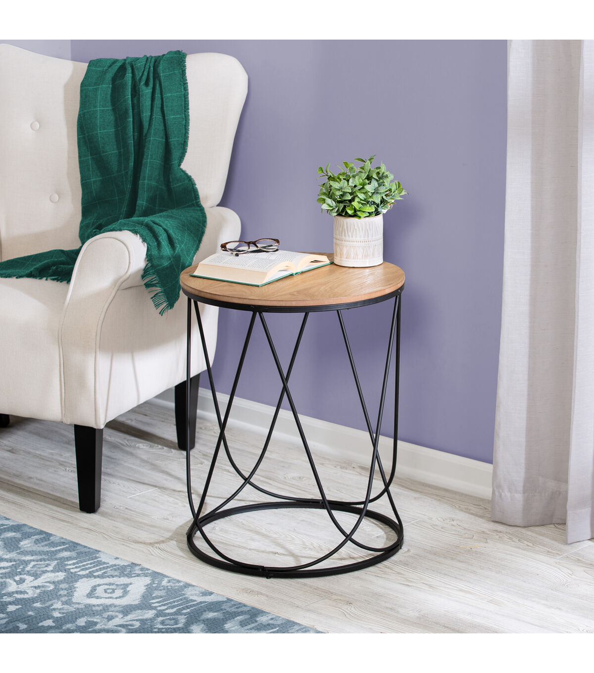 Honey Can Do Round Side Table with Natural Top