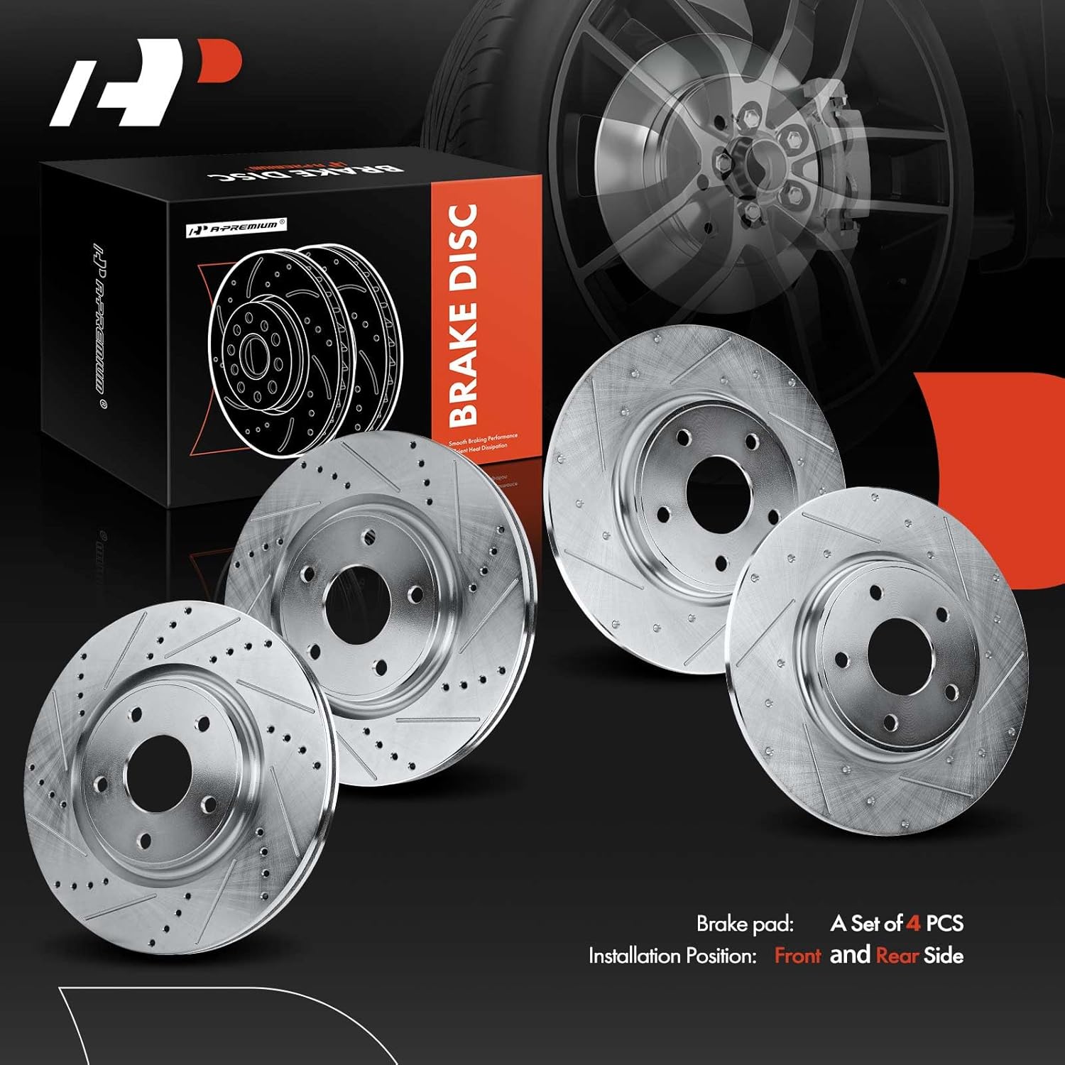 A-Premium Front and Rear Drilled and Slotted Disc Brake Rotors Compatible with Select Dodge, Chrysler, Ram and Volkswagen Models - Grand Caravan, Journey, Town & Country, C/V, Routan, 4-PC Set