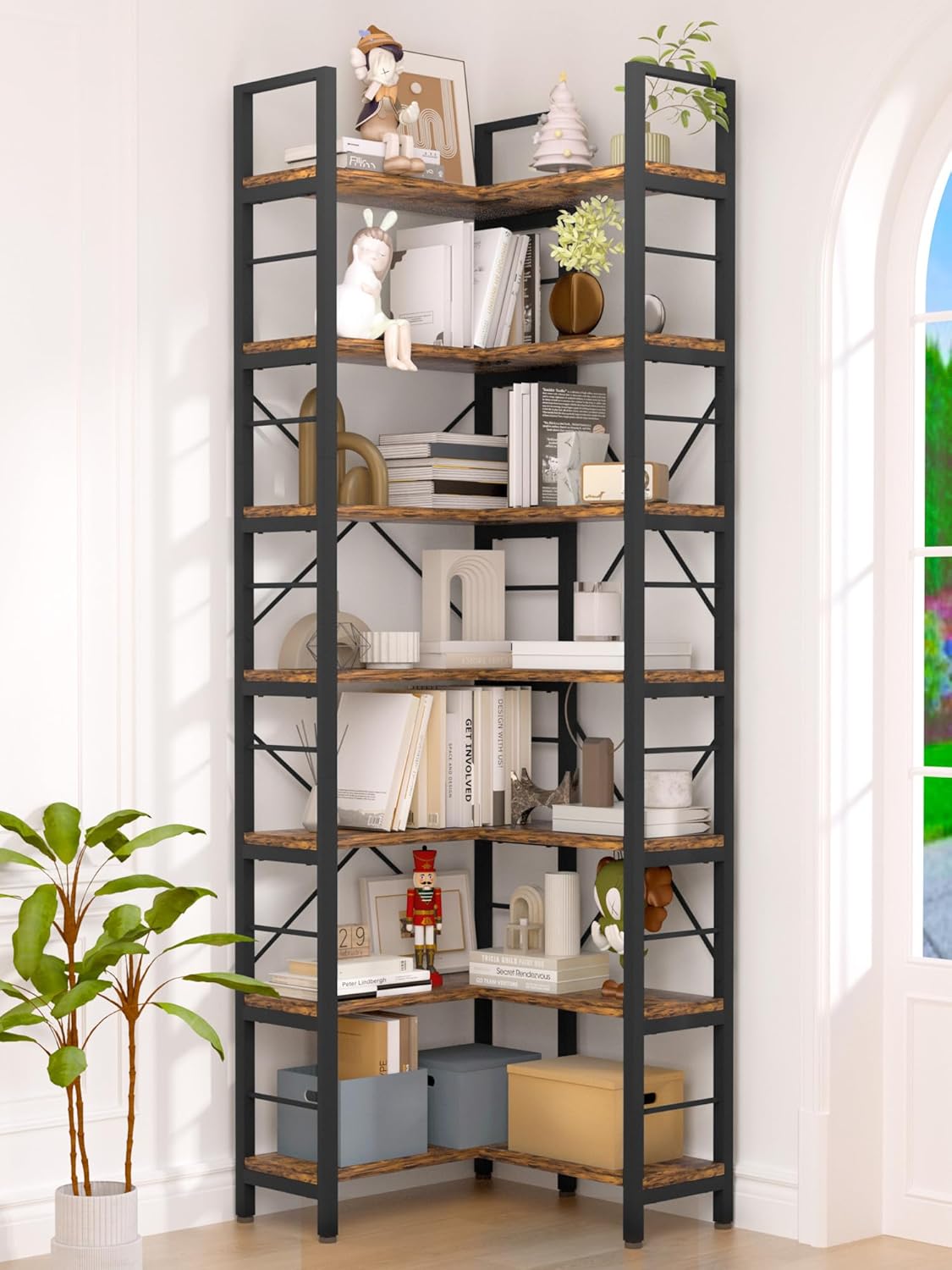 TEROL 7-Tier Corner Bookshelf, Reversible Wooden Shelves, Industrial Bookcase with Open Shelves and Sturdy Metal Frame, Display Shelf Storage Rack for Living Room, Bedroom, Home Office (Rustic Brown)