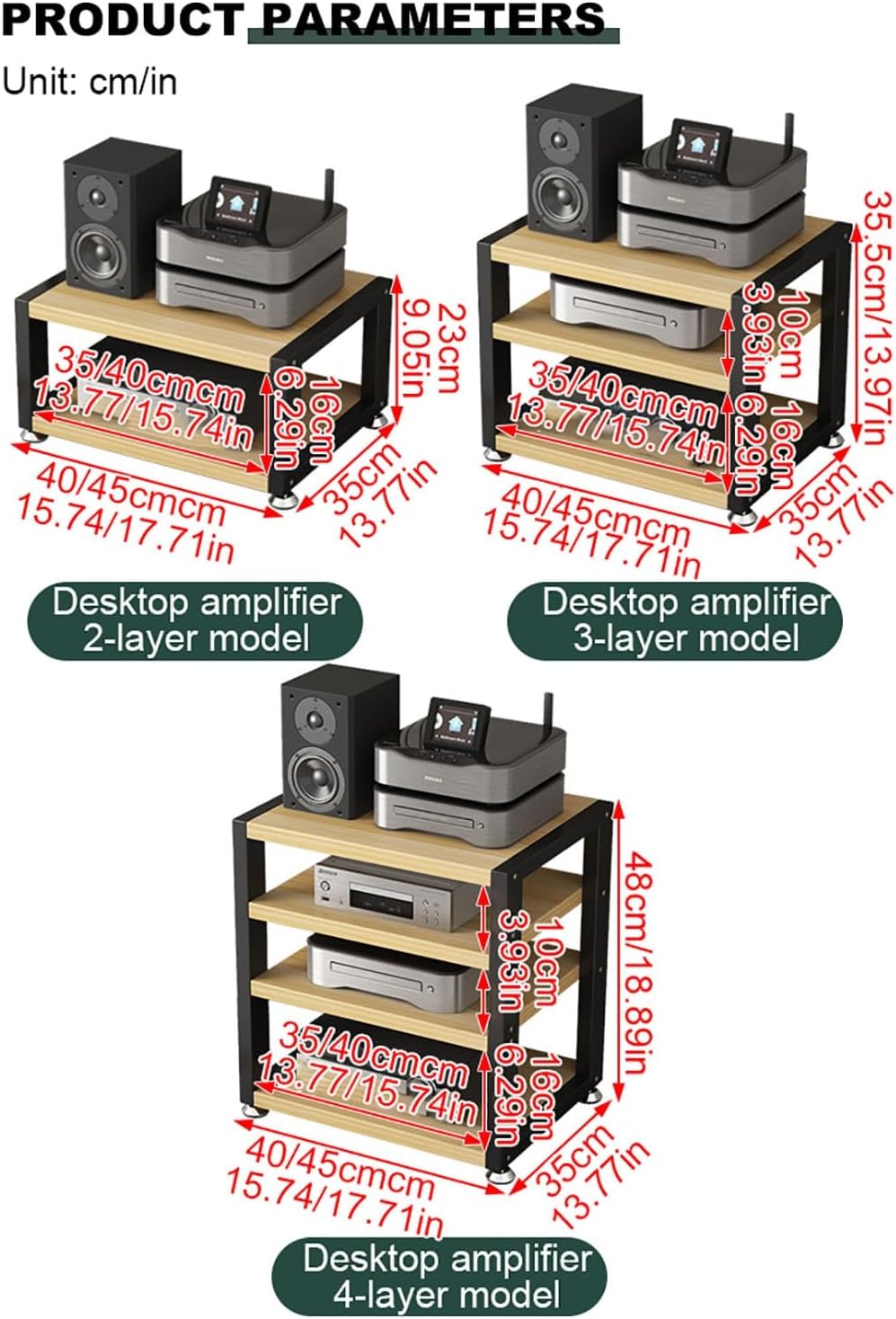 Mahogany Audio Rack AV Media Stand with Storage Shelves - Portable Stereo Stand - 40x35x48cm for Living