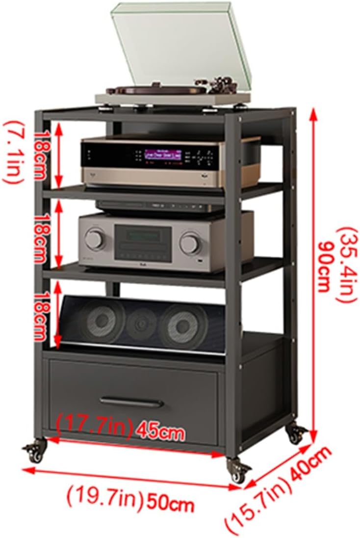 Media Stand Movable AV Media Stand Component Cabinet Open Storage Corner TV Stand Record Player Stereo Rack Audio Tower with Height Adjustable Wooden Shelves and Drawer for Home/Office/Theater