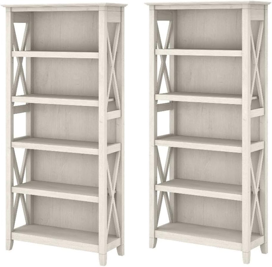 Pemberly Row 5 Shelf Bookcase Set of 2 in Linen White Oak - Engineered Wood