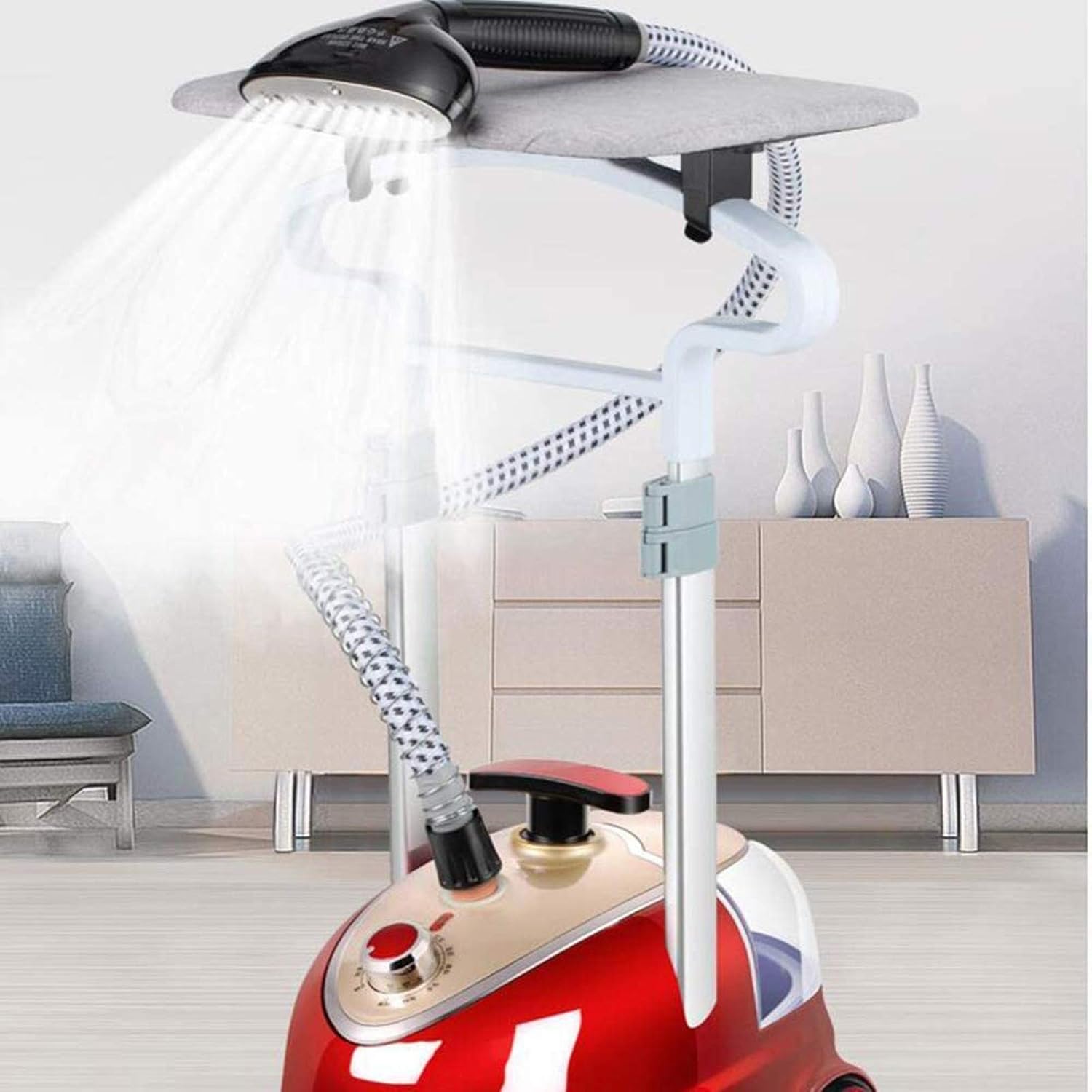 Clothes Vertical Garment Steamer Double Pole 2000W Quick Steam Household Small Hand-Held Steam Iron with Built-In Ironing Board And 1.8 L Water Tank,Gold (Gold)