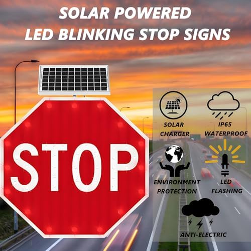 Solar-Powered Octagonal Stop Sign - Reflective Aluminum Traffic Sign with Flashing LED, Rustproof Warning Board for Roads - 24in (60x60cm) Safe Traffic Control