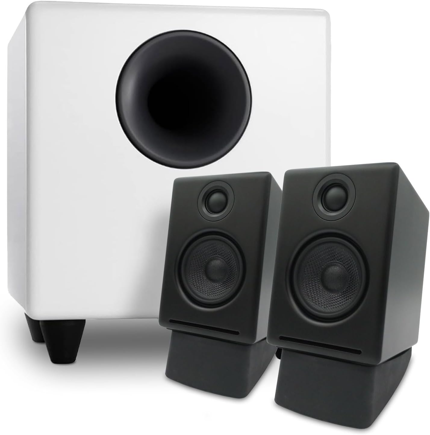 Audioengine A2 Black Desktop Speakers with S8 White Subwoofer and DS1 Stands