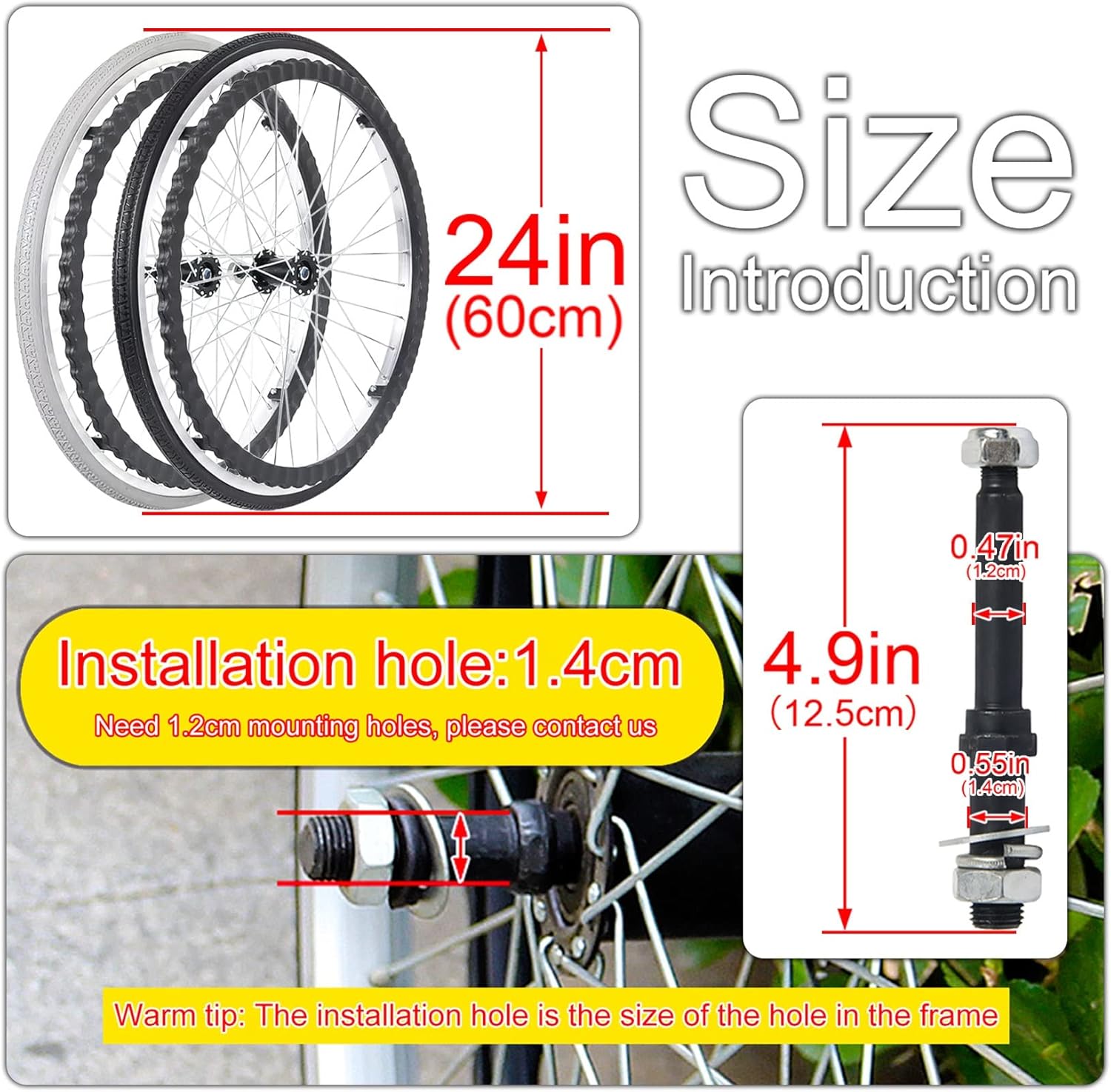 Wheelchair Wheels Replacement Rear 24 Inch Set of 2, Puncture Proof Solid Wheelchair Rear Wheel, Non-Slip Shock Absorption Polyurethane Wheelchair Caster Assembly (Color : Greys, Size : 60cm