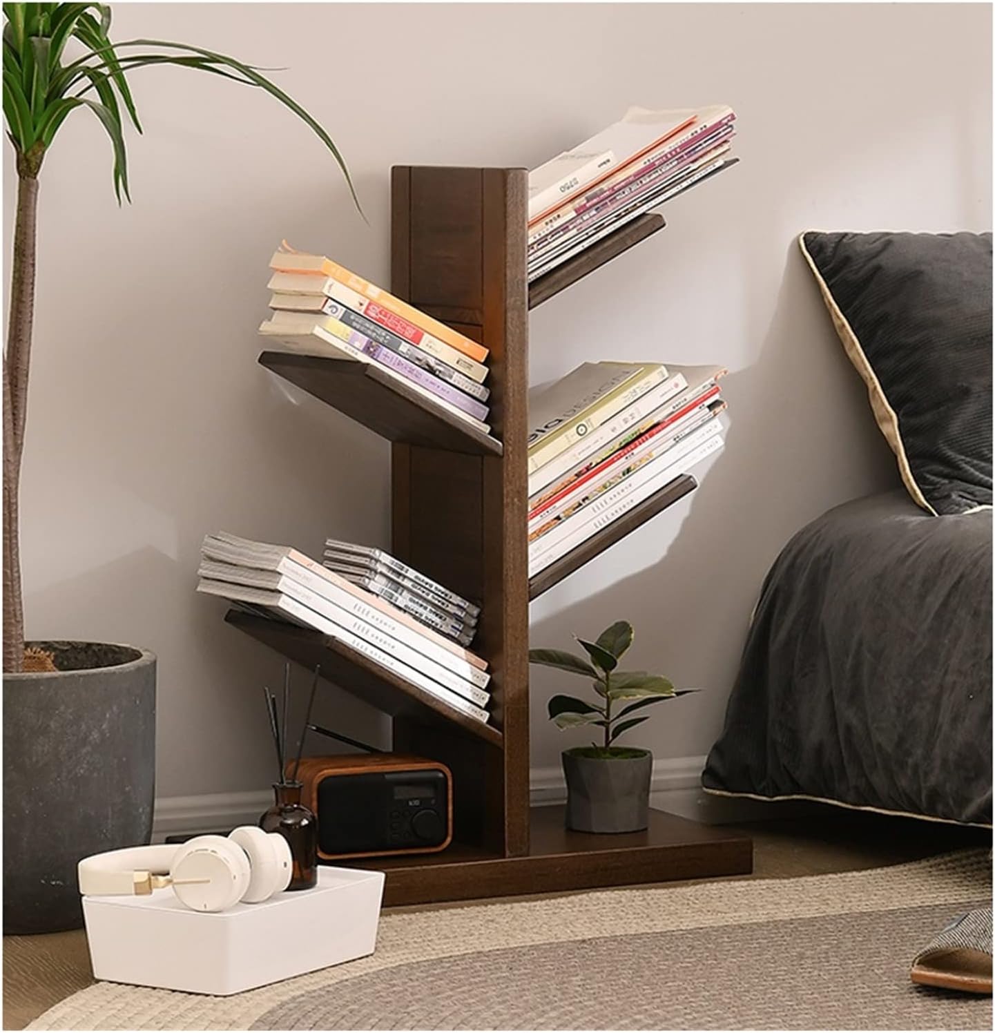 KIRANDY Solid Wood Bookshelf Floor-to-Ceiling Tree-Shaped Shelf, Against The Wall Bookcase for Office Living Room (Color : 48.5x26.5x79cm Walnut Color)